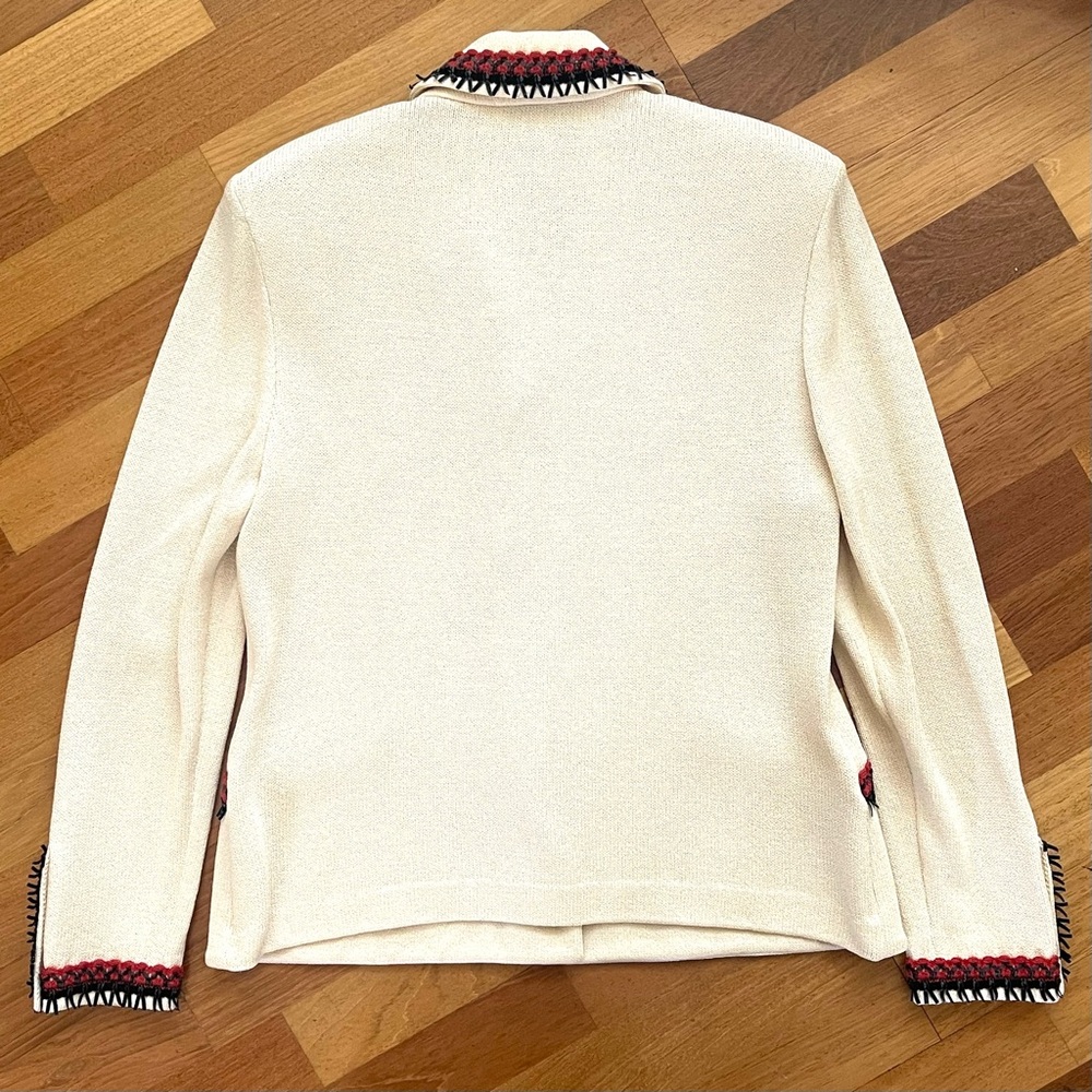 ST JOHN COLLECTION Fringe Jacket Coat SIZE 8 Ivory Red Cardigan Santana Knits - Picture 7 of 9